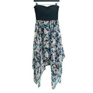 Strapless Floral Handkerchief Hem Dress Black Lace Bodice Boho Chic
